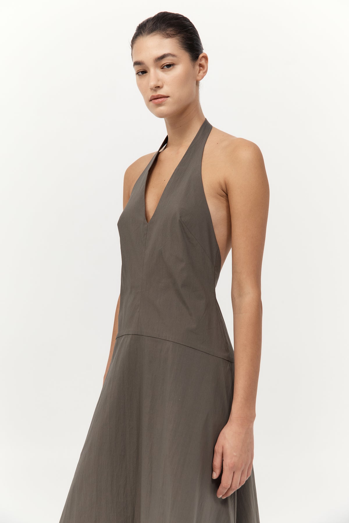 Halter Plunge Dress - Khaki