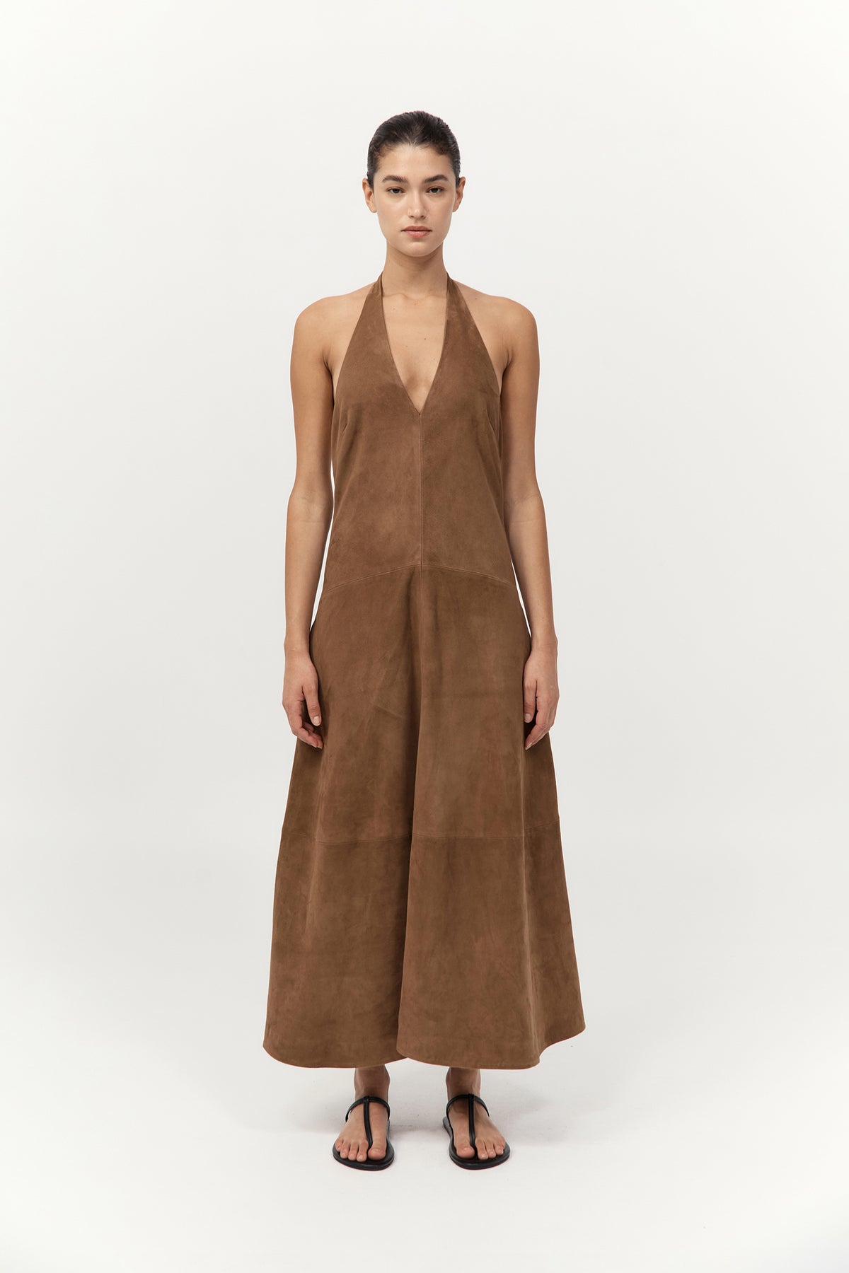 St. Agni | Suede Halter Plunge Dress - Toffee St. Agni | Suede Halter Plunge Dress - Toffee