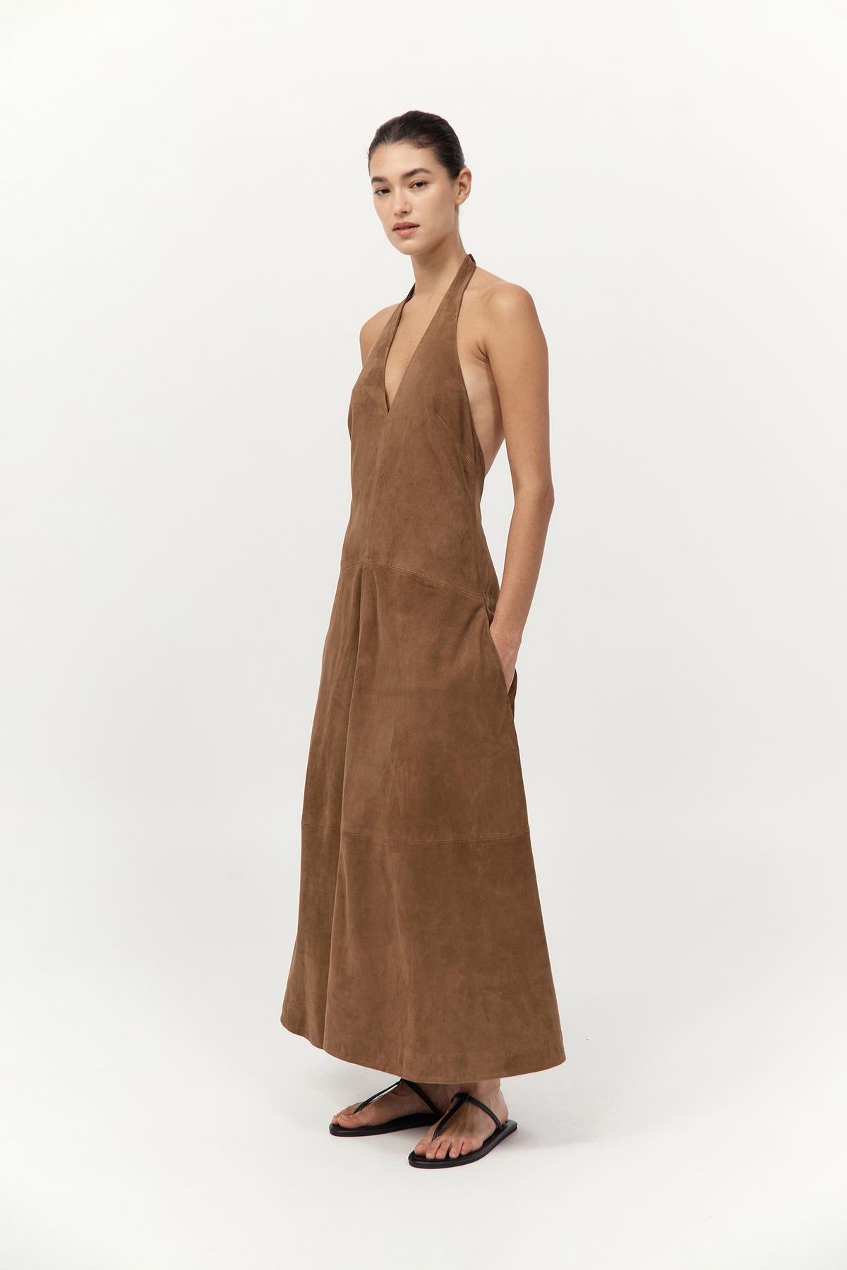 St. Agni | Suede Halter Plunge Dress - Toffee St. Agni | Suede Halter Plunge Dress - Toffee