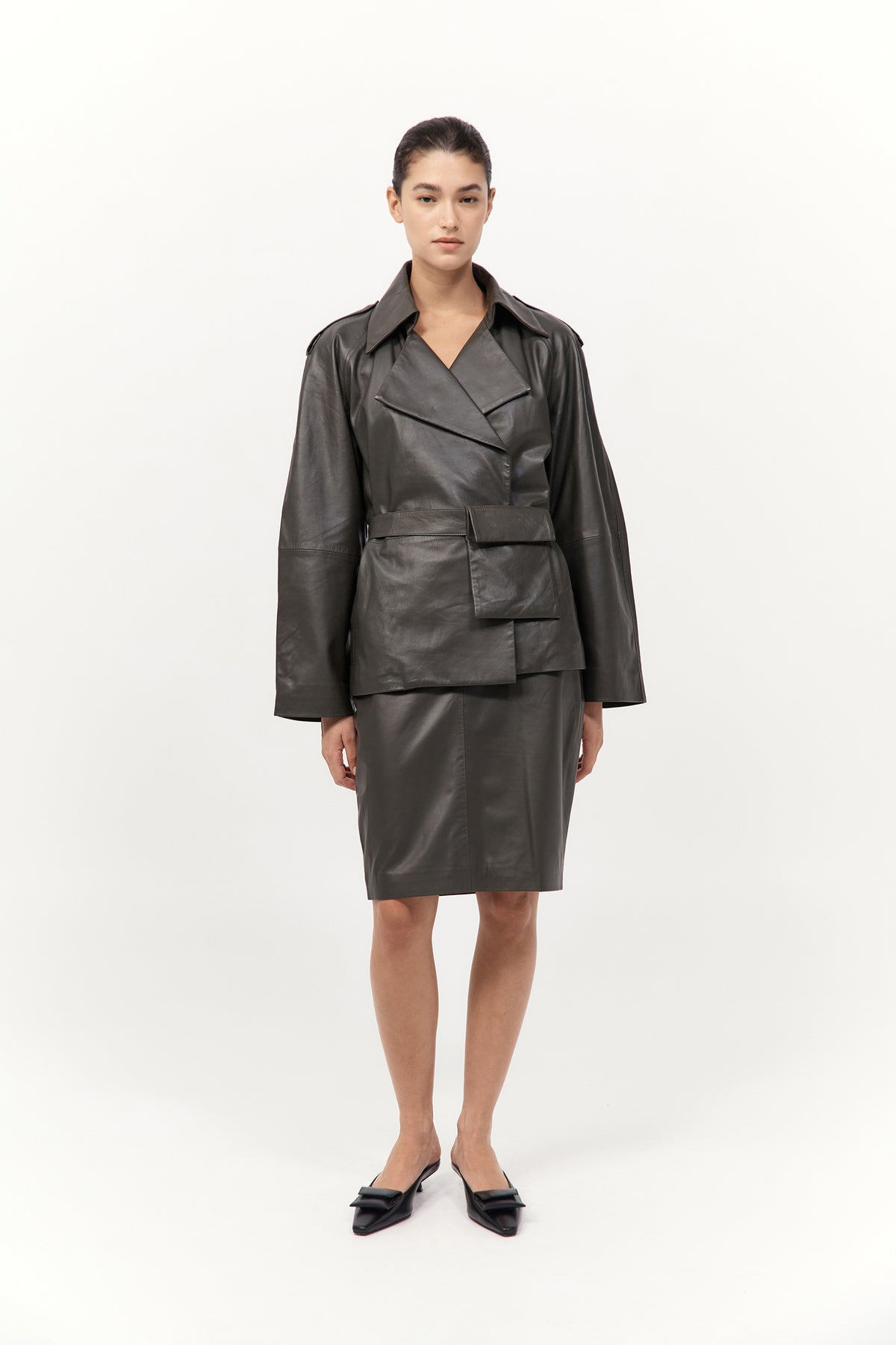 Cropped Leather Trench - Khaki