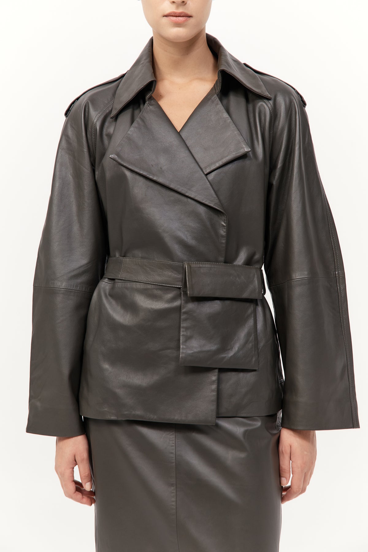 Cropped Leather Trench - Khaki