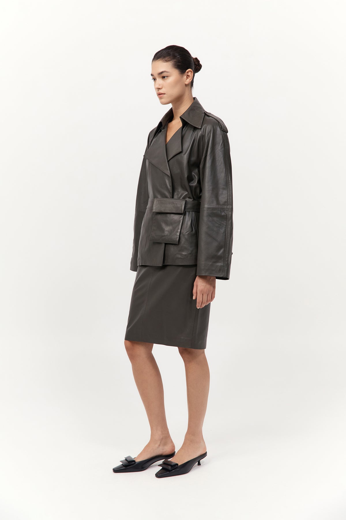 Cropped Leather Trench - Khaki