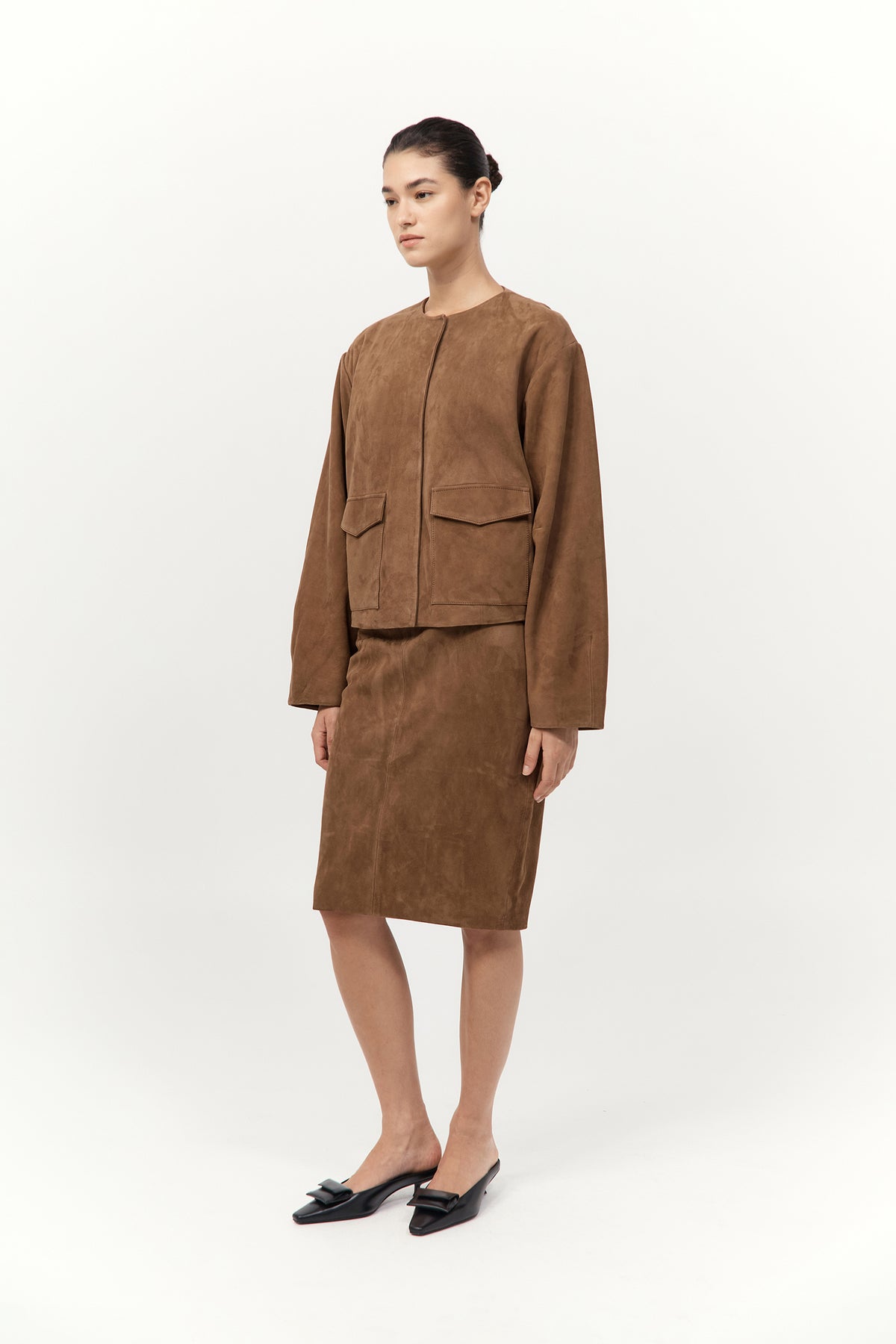 Suede Utility Cocoon Bomber - Toffee