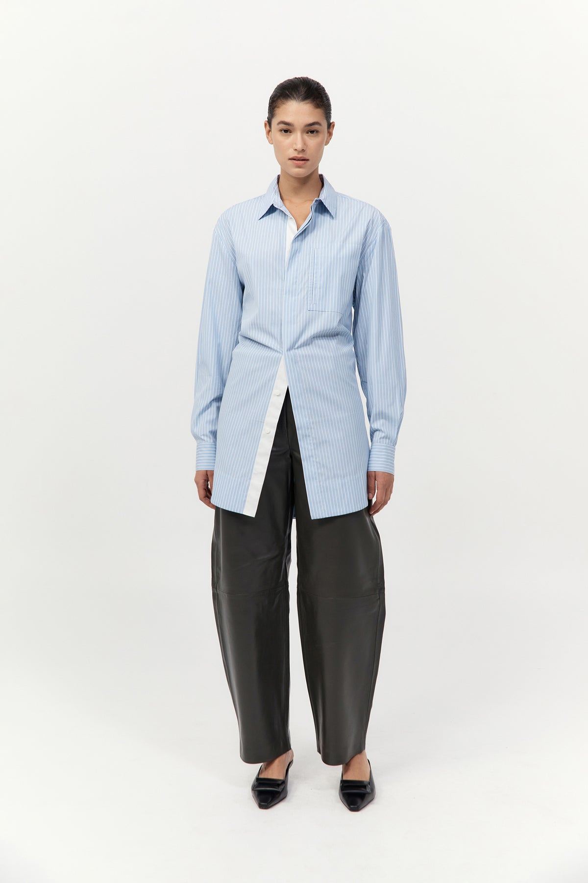 St. Agni | Drawstring Mini Shirt Dress - Pale Blue Stripe St. Agni | Drawstring Mini Shirt Dress - Pale Blue Stripe