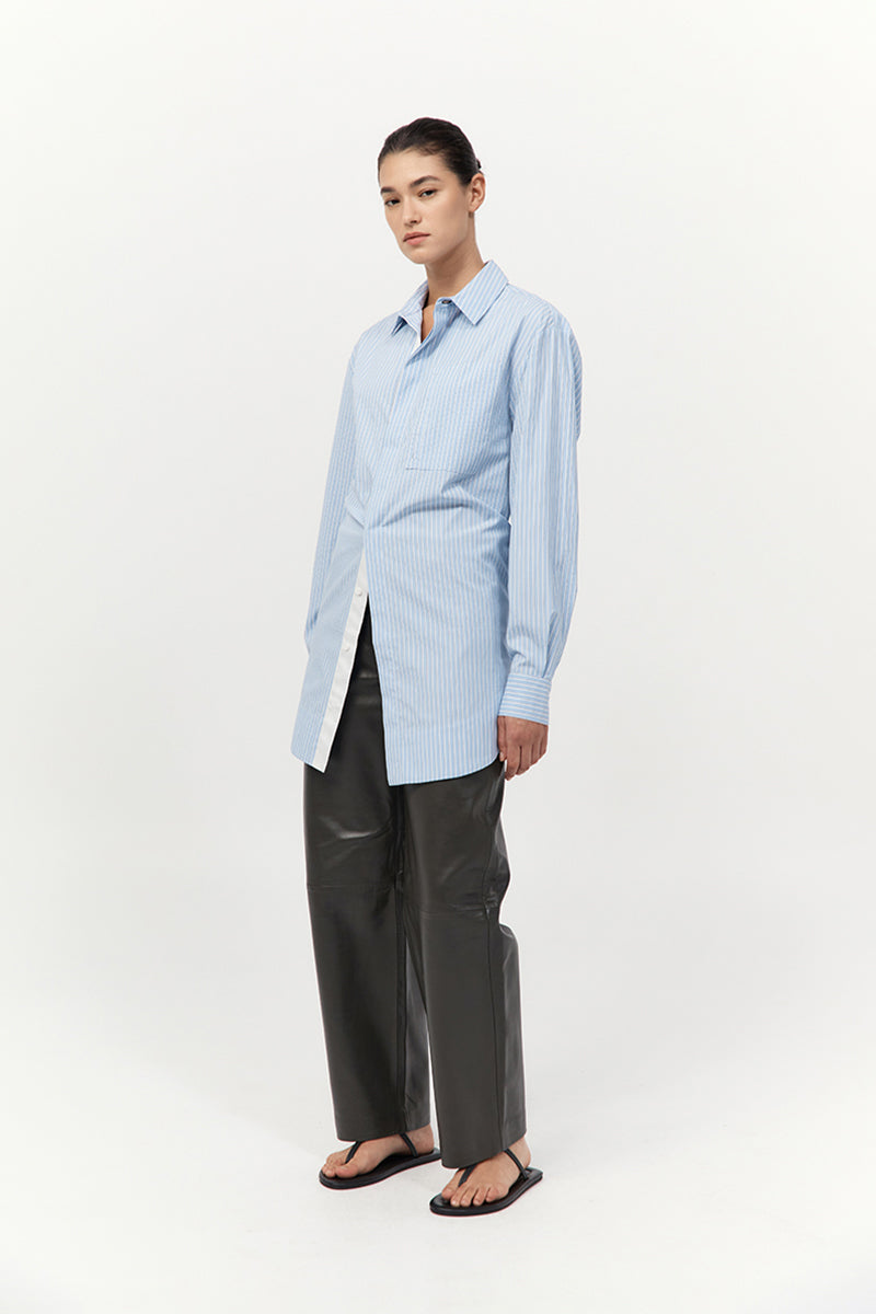Drawstring Mini Shirt Dress - Pale Blue Stripe