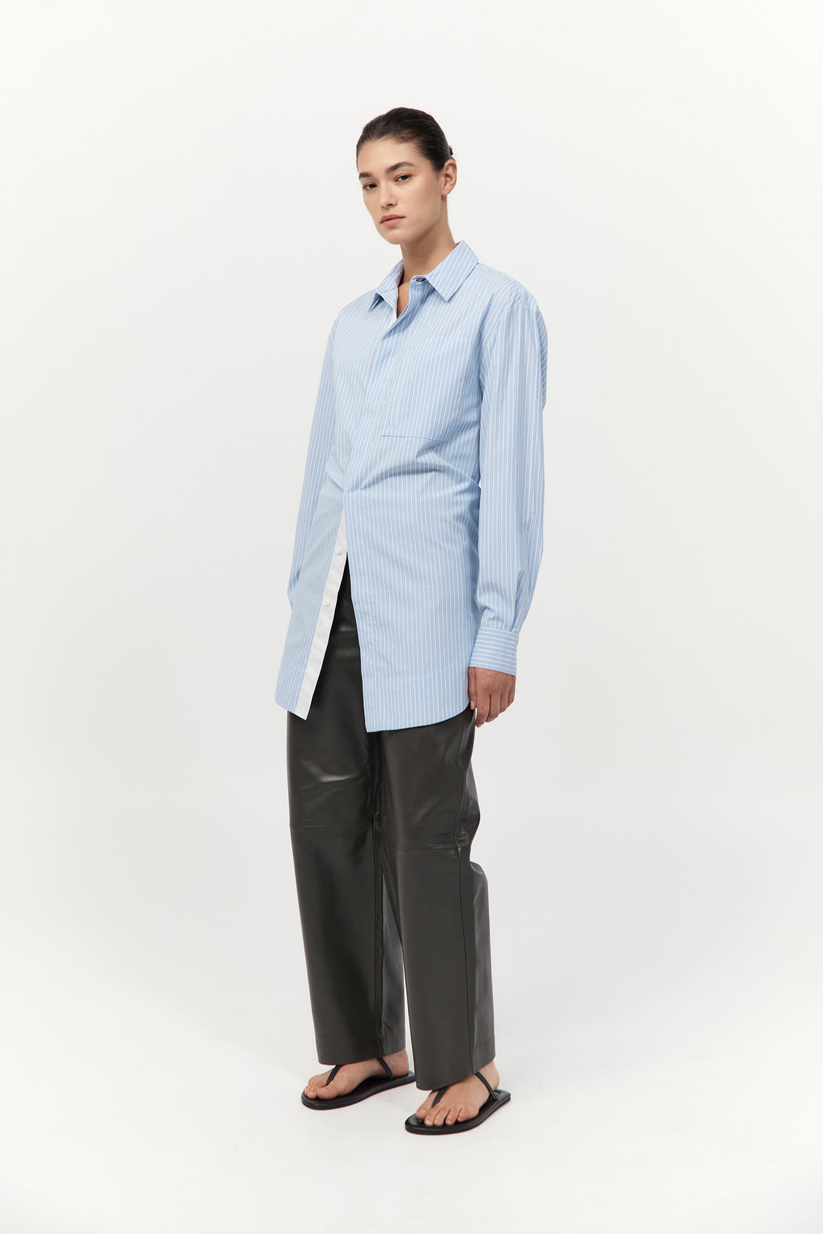 Drawstring Mini Shirt Dress - Pale Blue Stripe