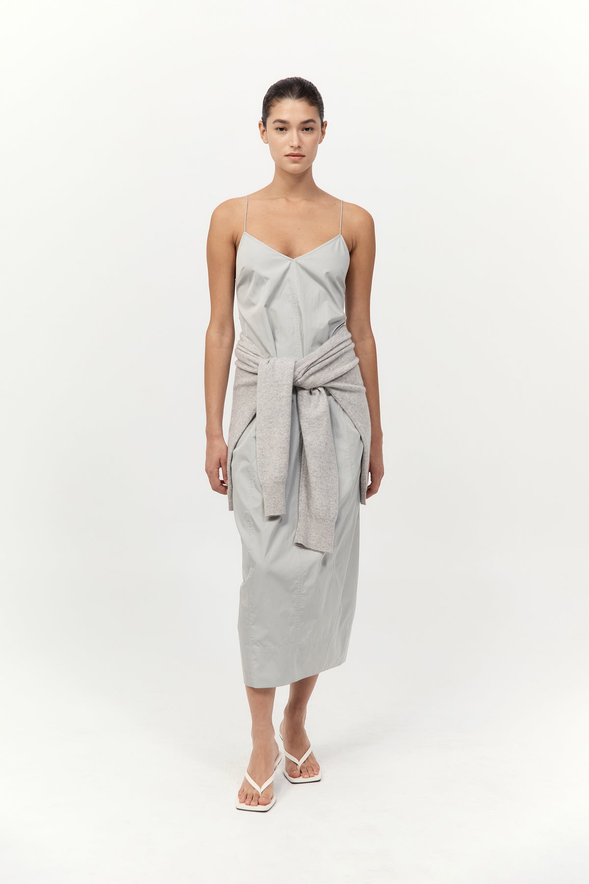 grey taffeta dress Sophisticated Silver Taffeta Dress with Sculptural Cut and Shape