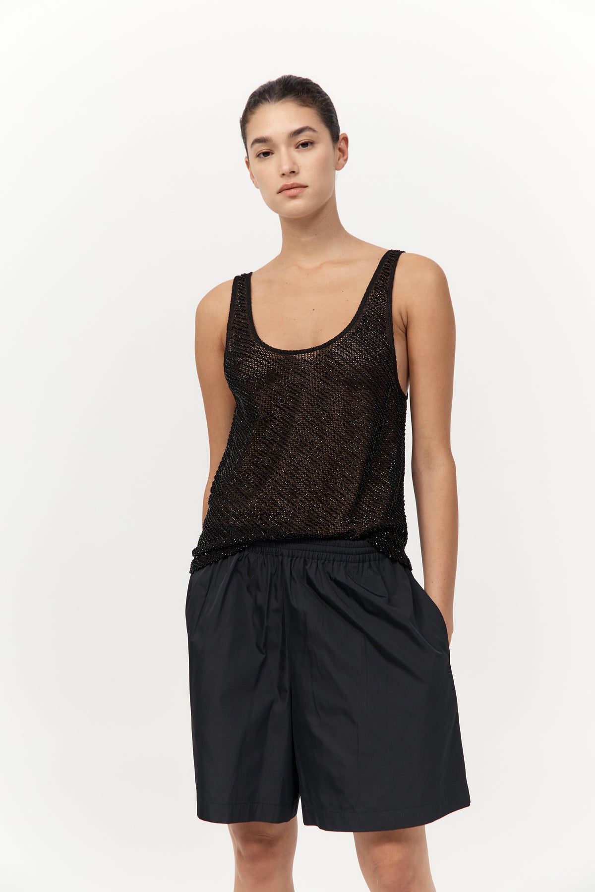 Glass Beaded Mesh Top - Jet Black