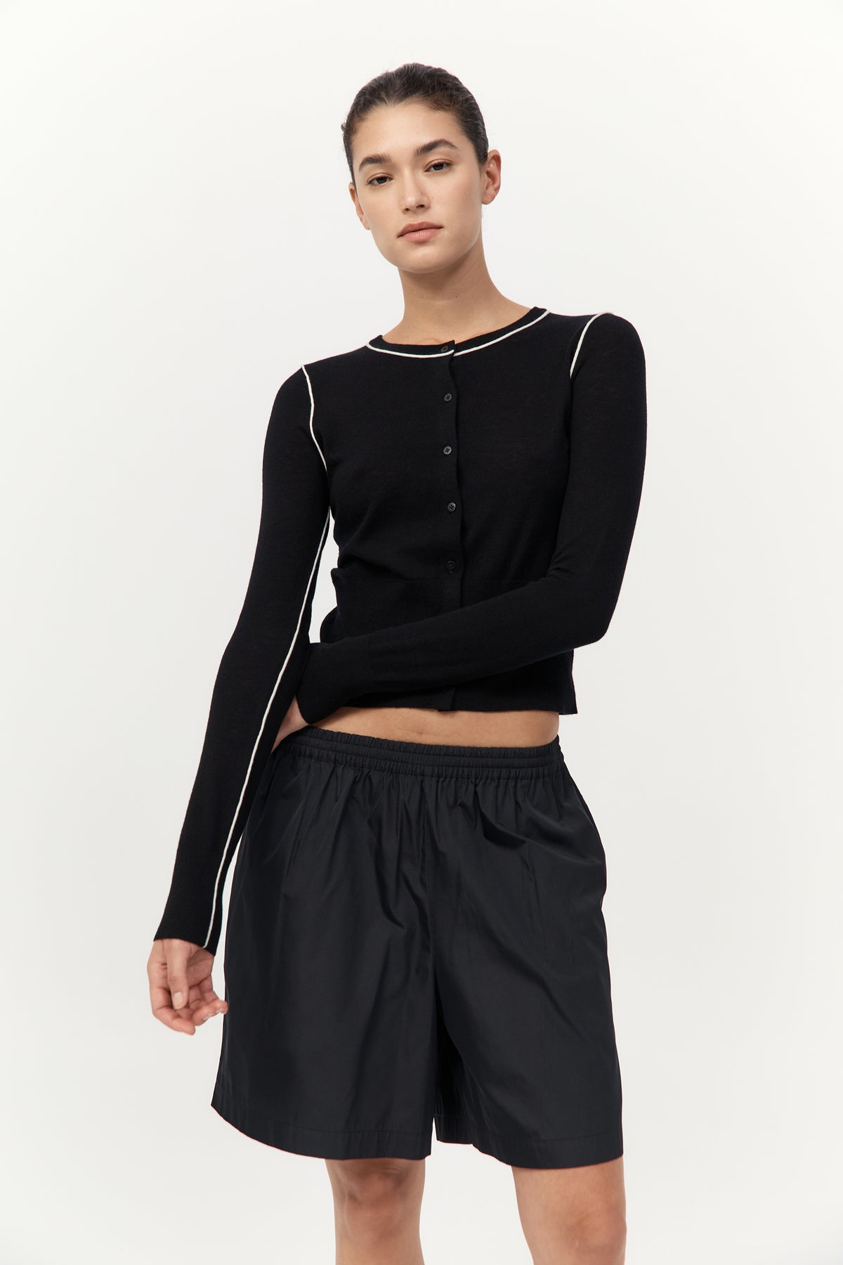 Wool Fine Line Cardigan - Black / Off White