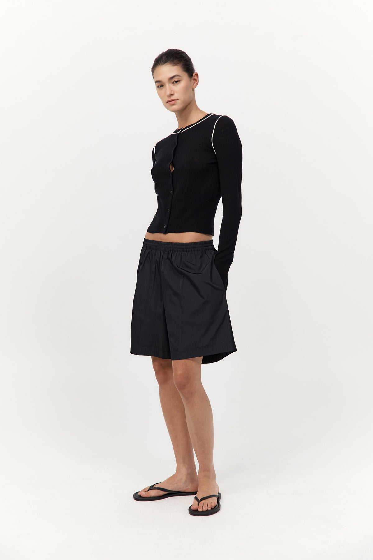 Wool Fine Line Cardigan - Black / Off White