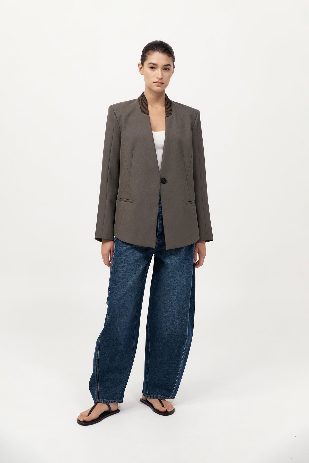 Rib Collar Blazer - Khaki