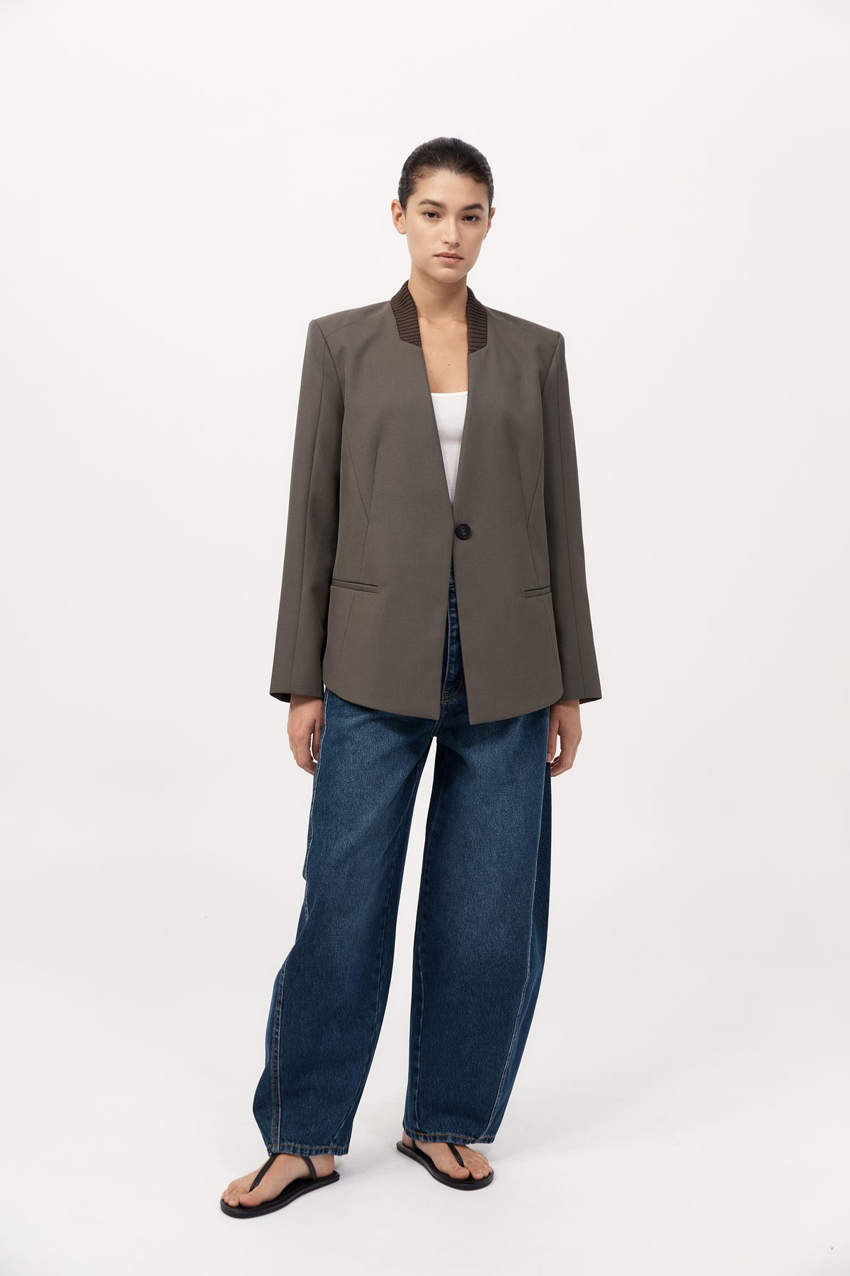Rib Collar Blazer - Khaki