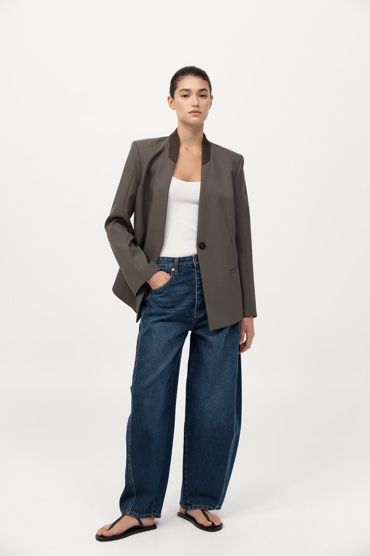 Rib Collar Blazer - Khaki