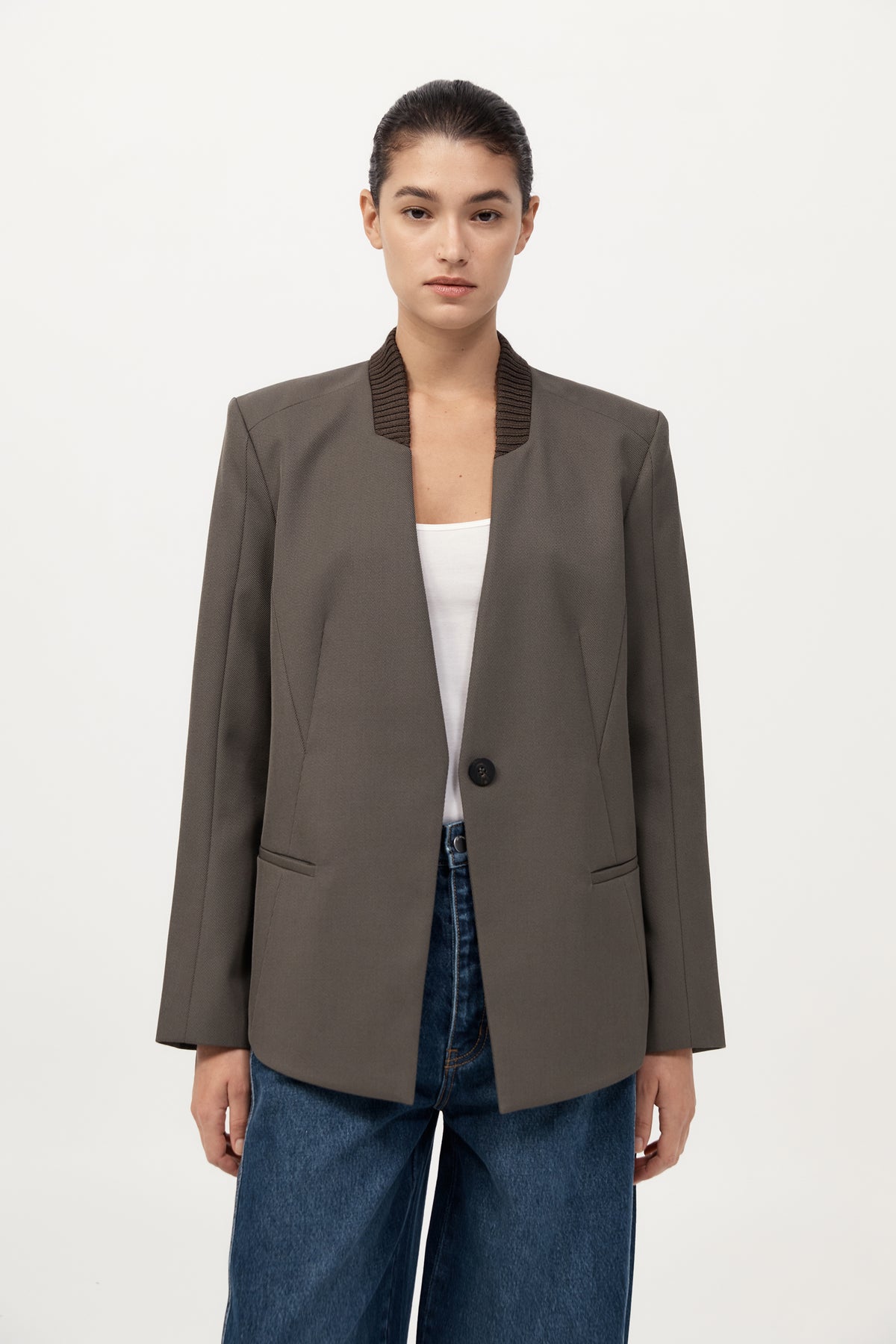 Rib Collar Blazer - Khaki