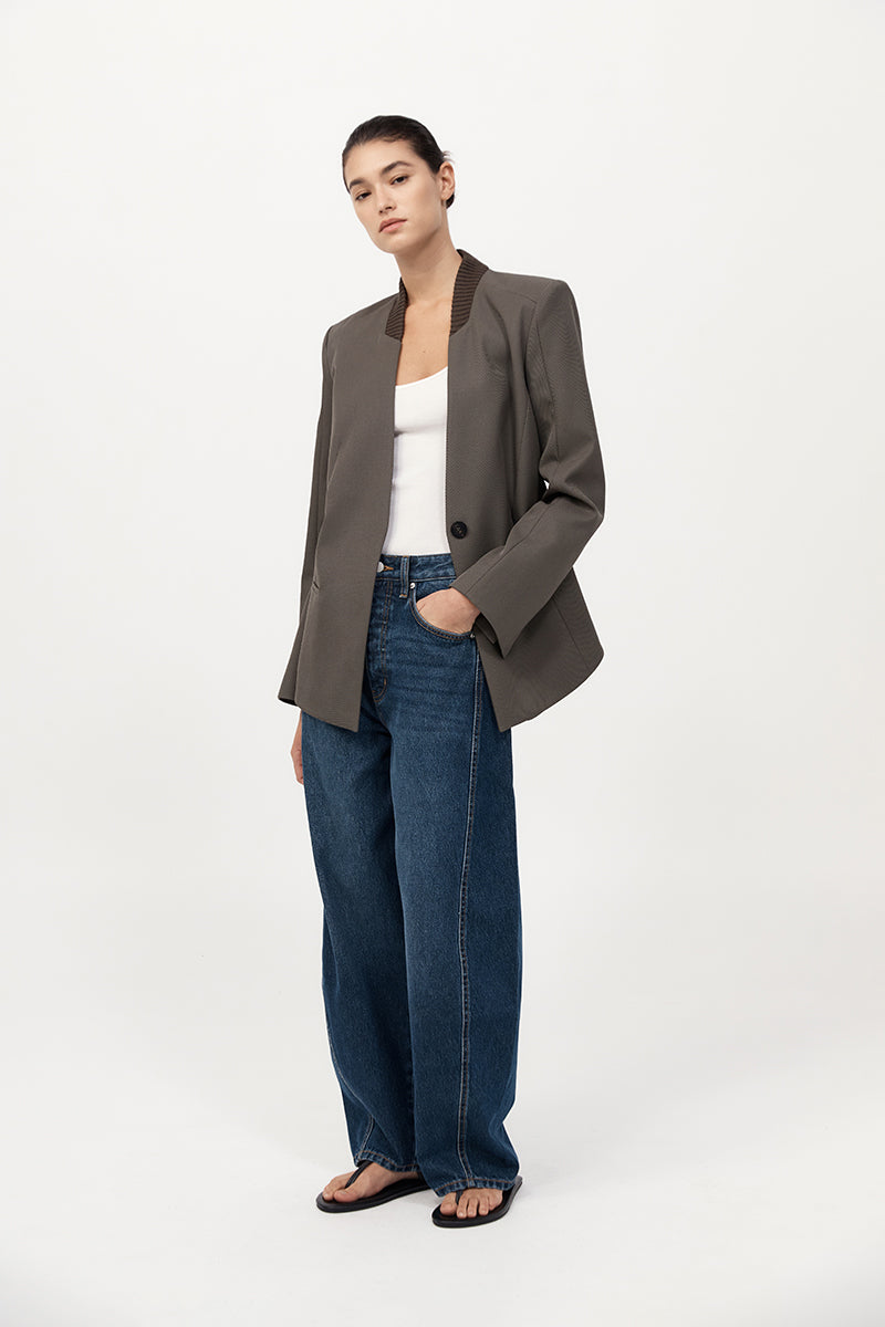Rib Collar Blazer - Khaki