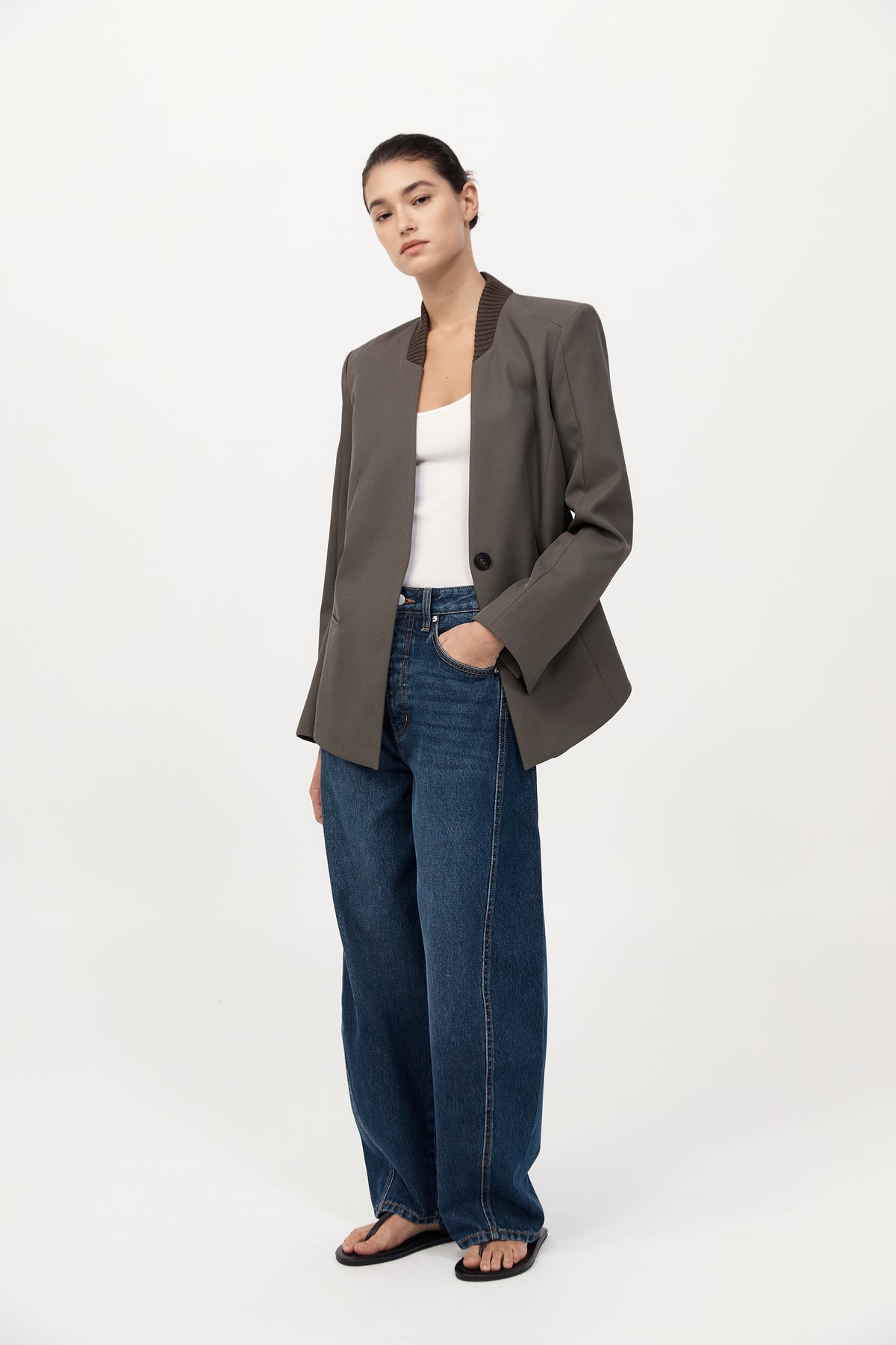Rib Collar Blazer - Khaki