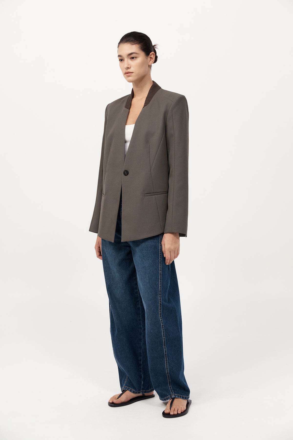 Rib Collar Blazer - Khaki