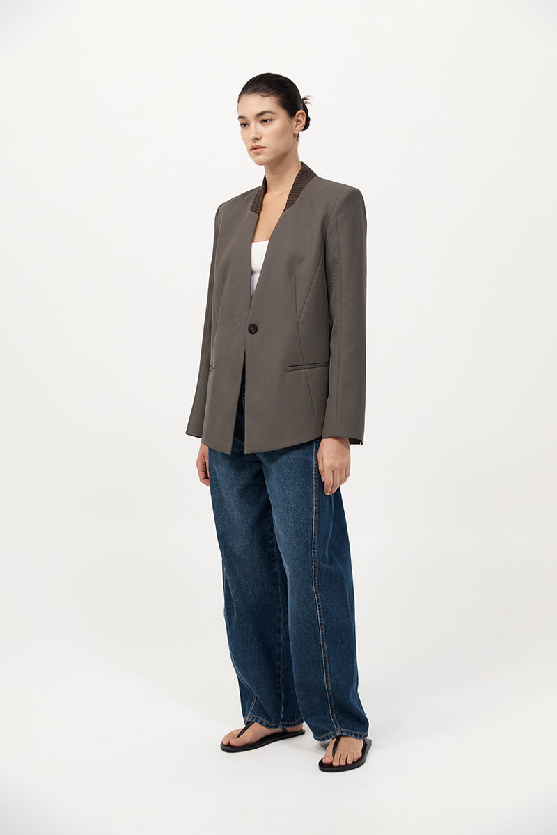 Rib Collar Blazer - Khaki