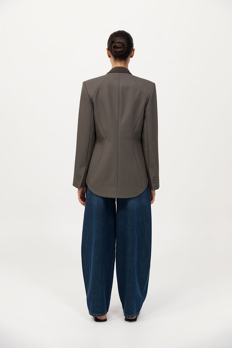 Rib Collar Blazer - Khaki