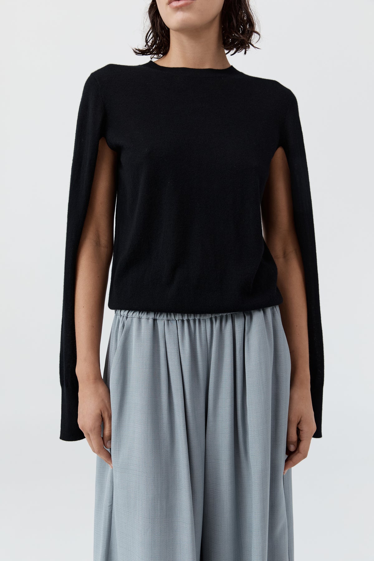 Merino Wool Slit Sleeve Sweater - Black