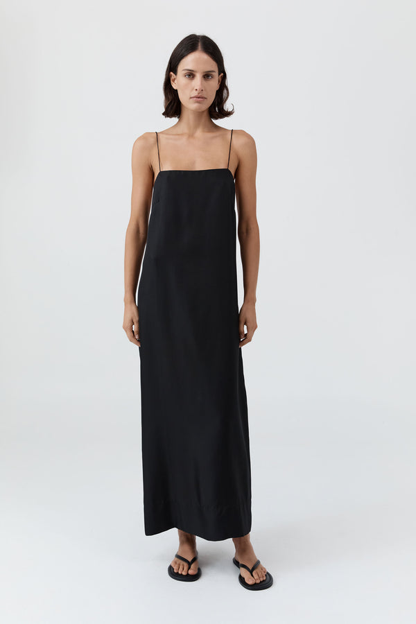90s Silk Twill Slip Dress - Black