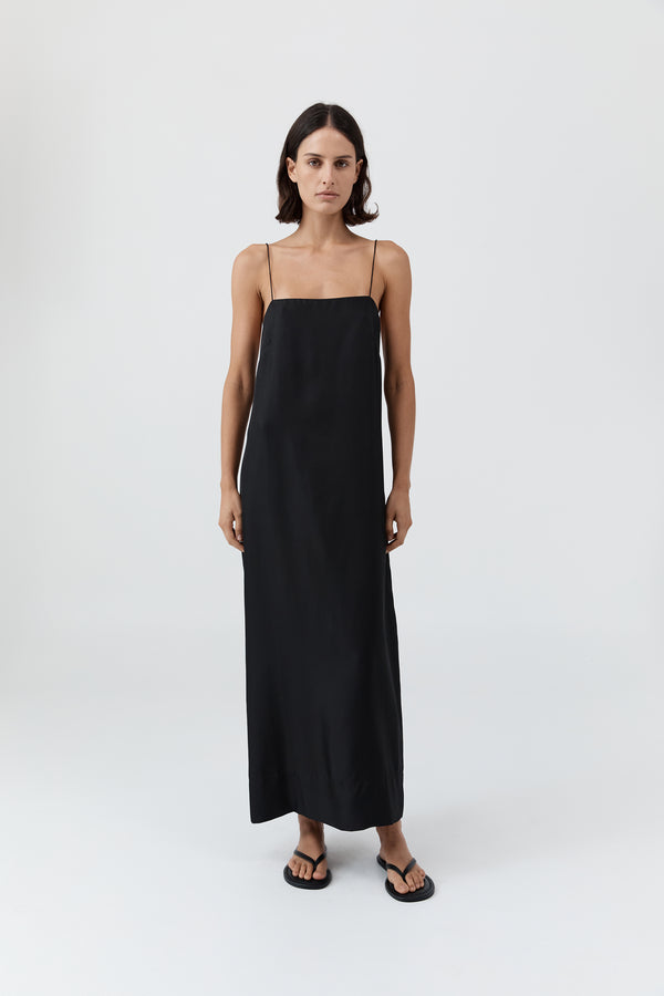 90s Silk Twill Slip Dress - Black
