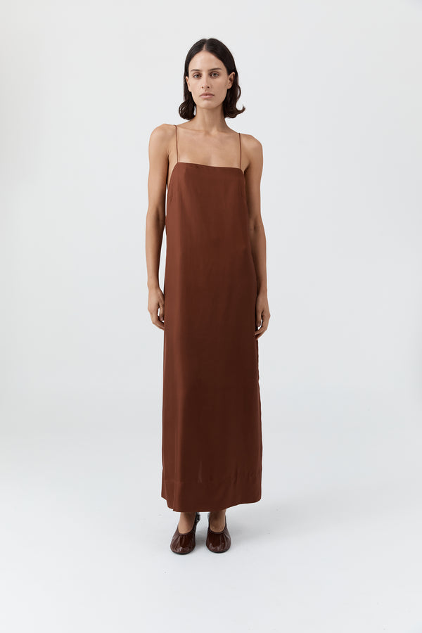 90s Silk Twill Slip Dress - Brick