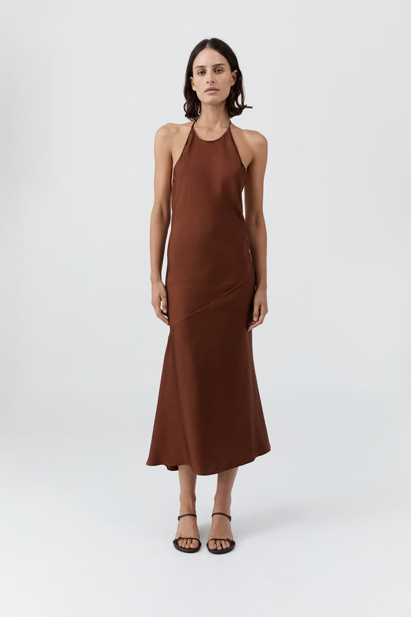 Silk Twill Halter Dress - Brick