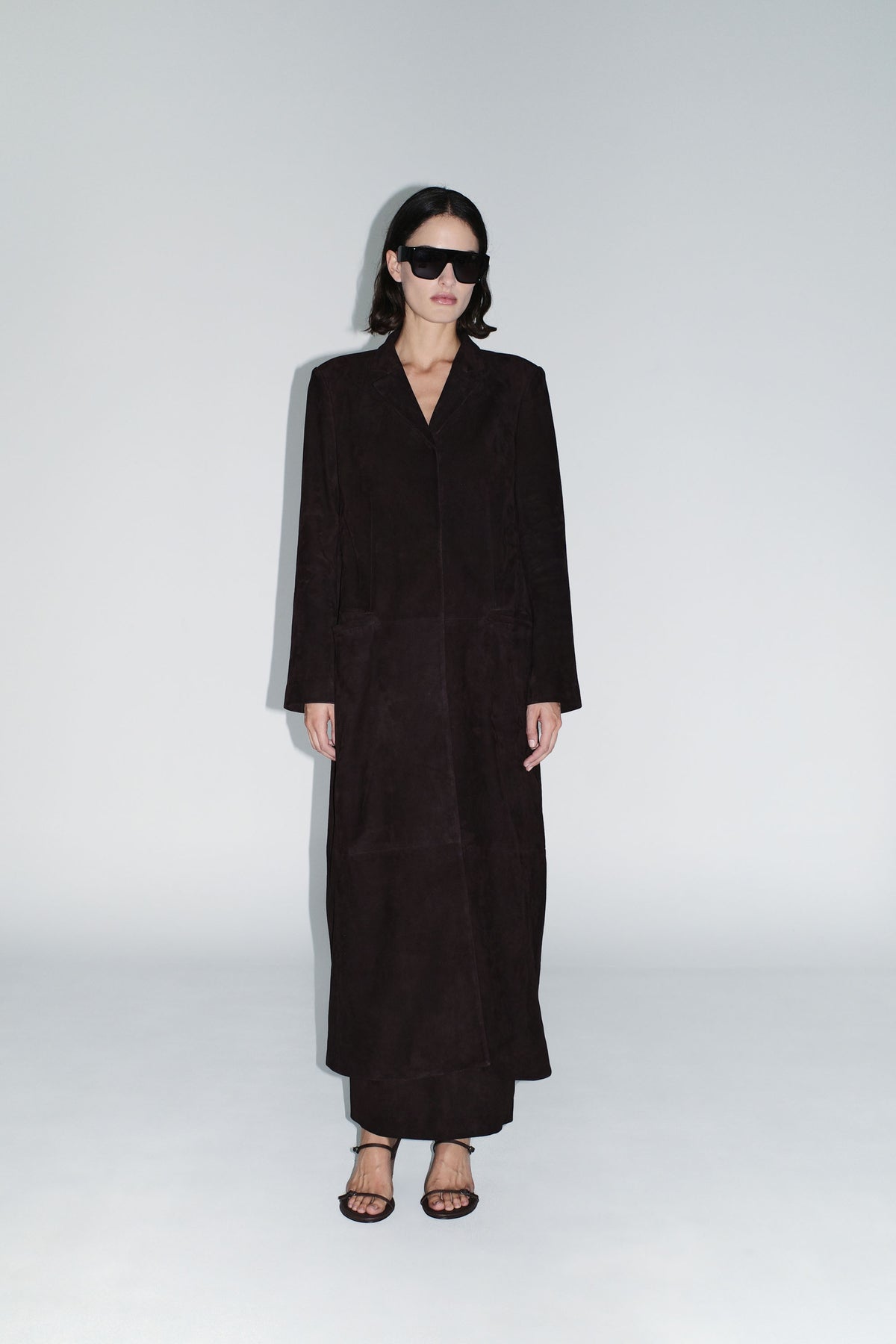 Suede Tailored Coat - Coffee