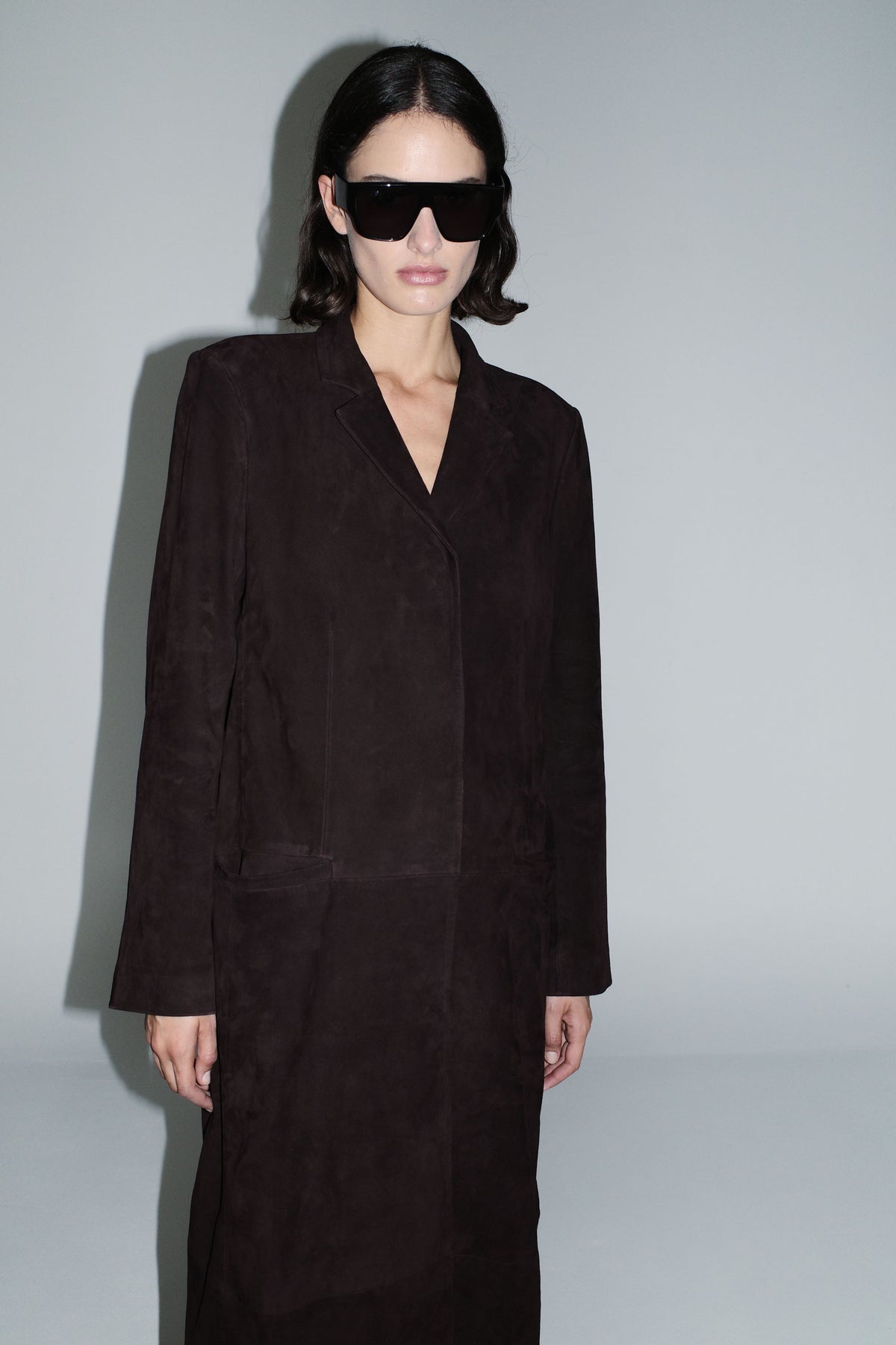 Suede Tailored Coat - Coffee