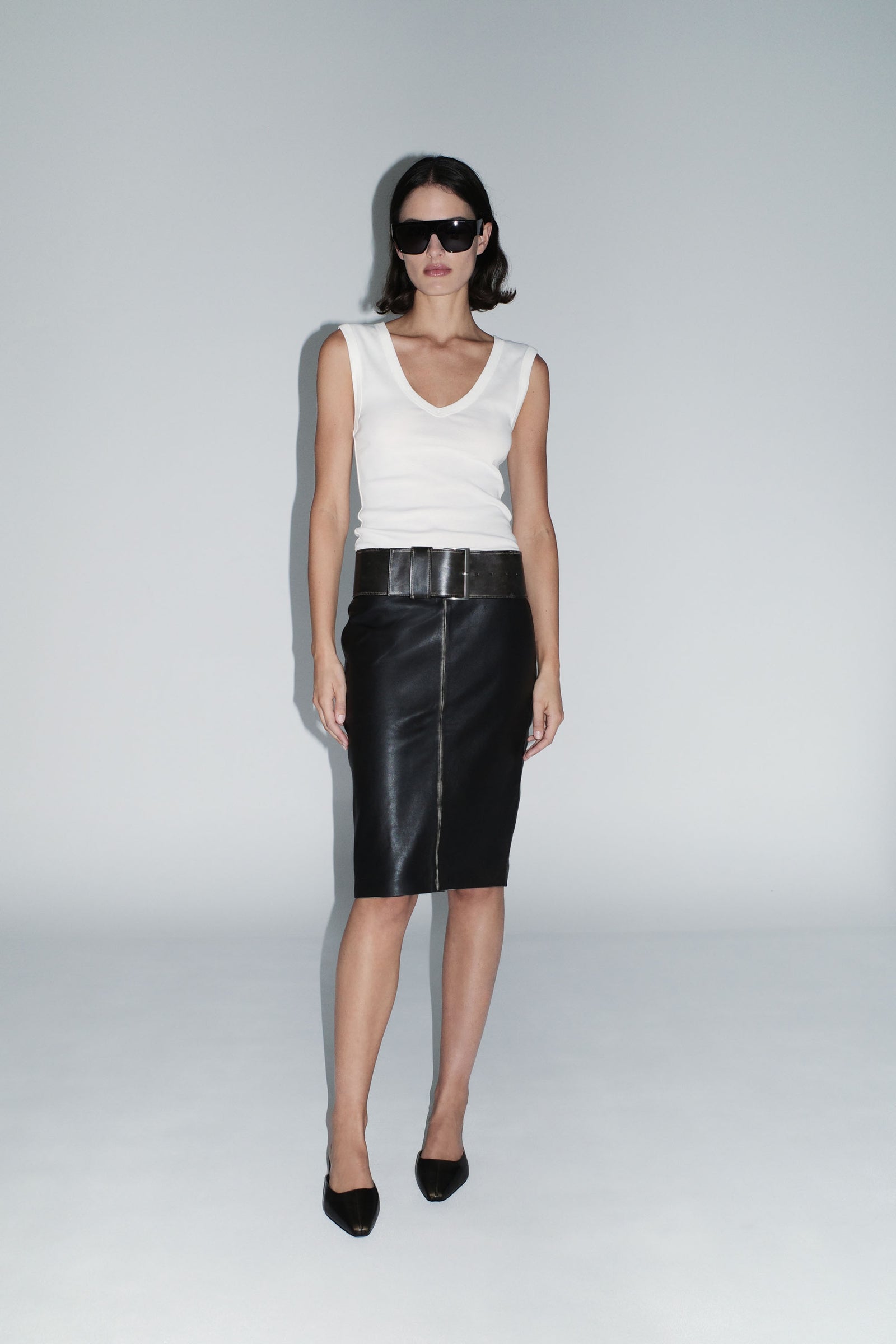 Brushed Leather Pencil Skirt - Black