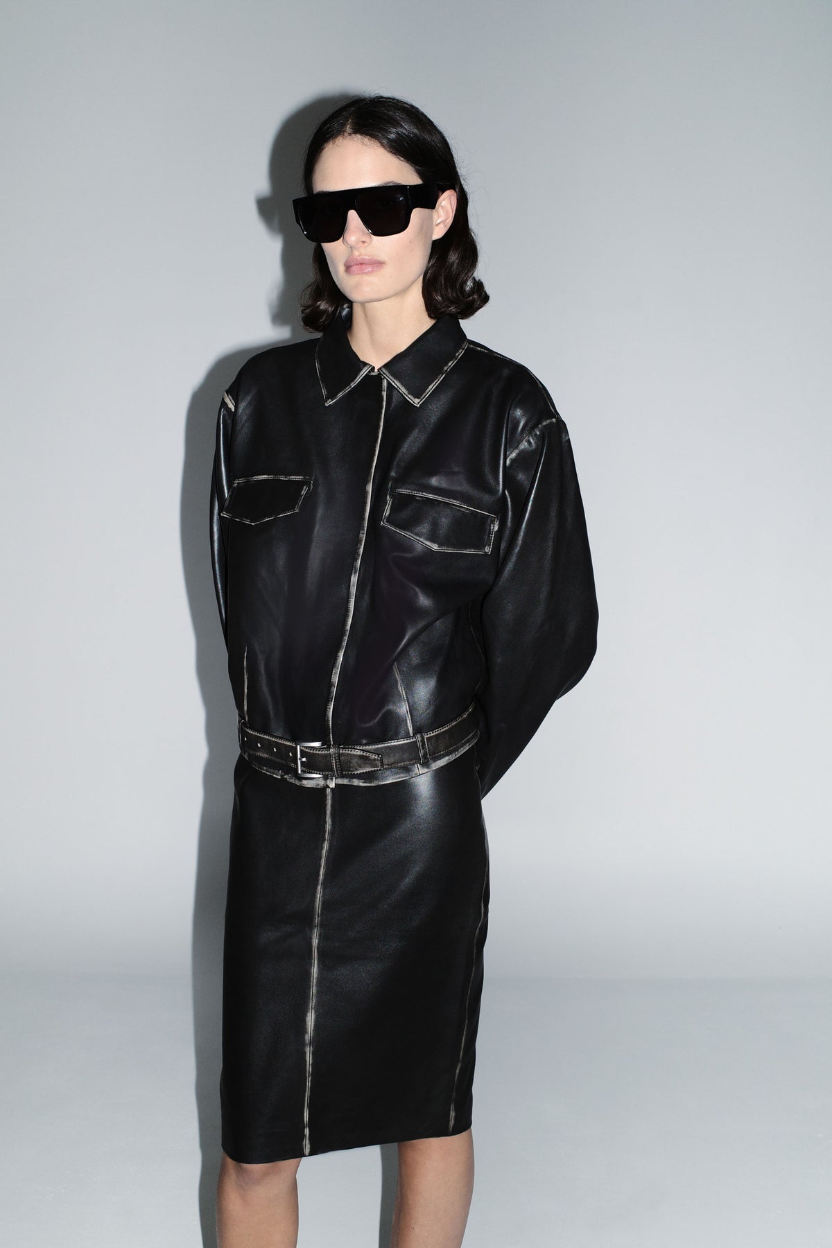 Brushed Leather Pencil Skirt - Black