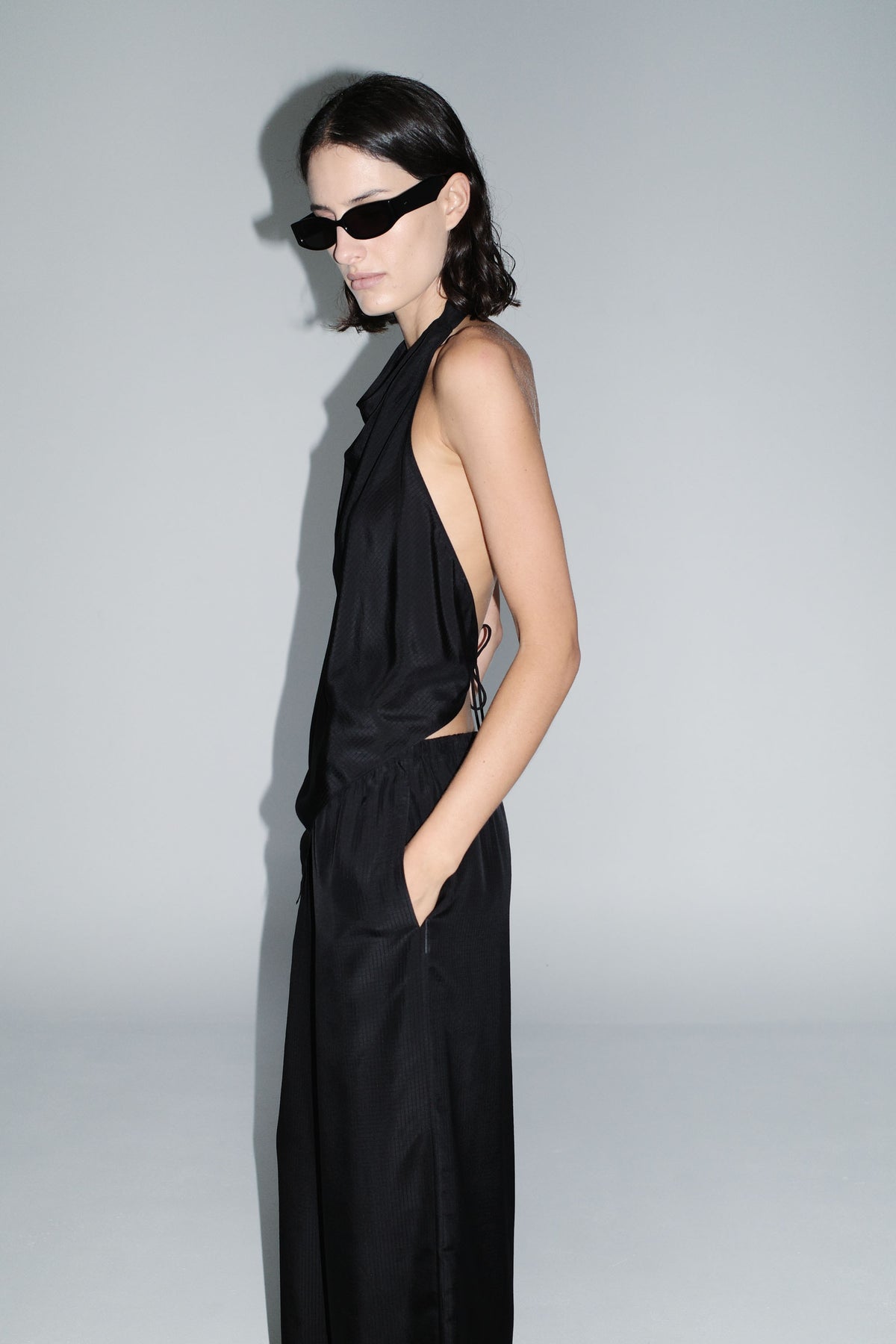 Silk Grid Halter Top - Black