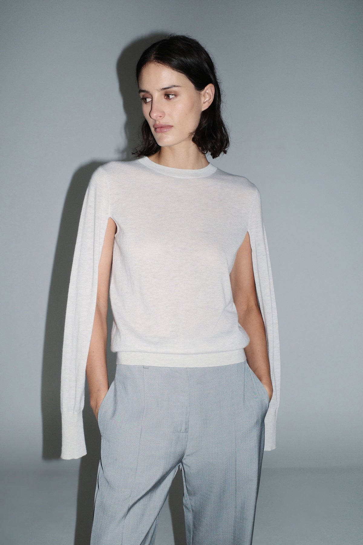 Merino Wool Slit Sleeve Sweater - Light Grey Marle