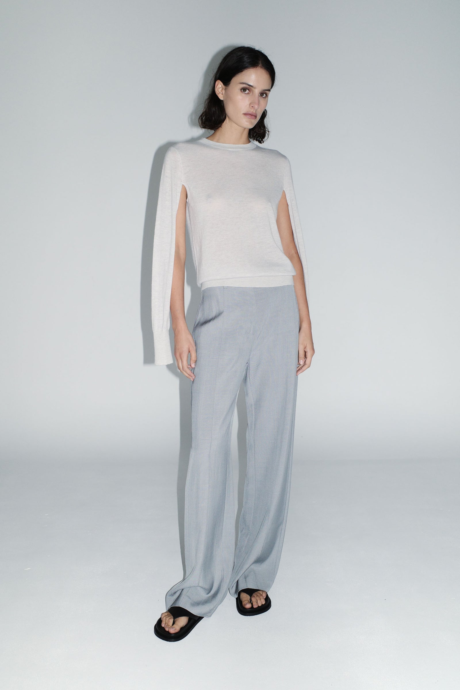 Merino Wool Slit Sleeve Sweater - Light Grey Marle