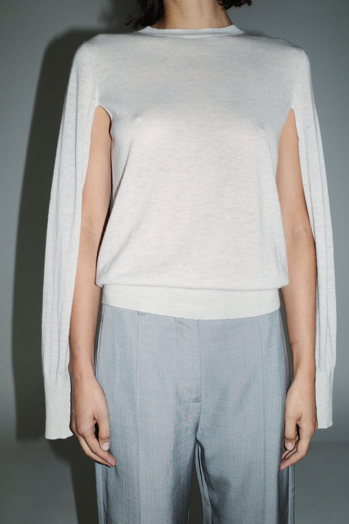 Merino Wool Slit Sleeve Sweater - Light Grey Marle