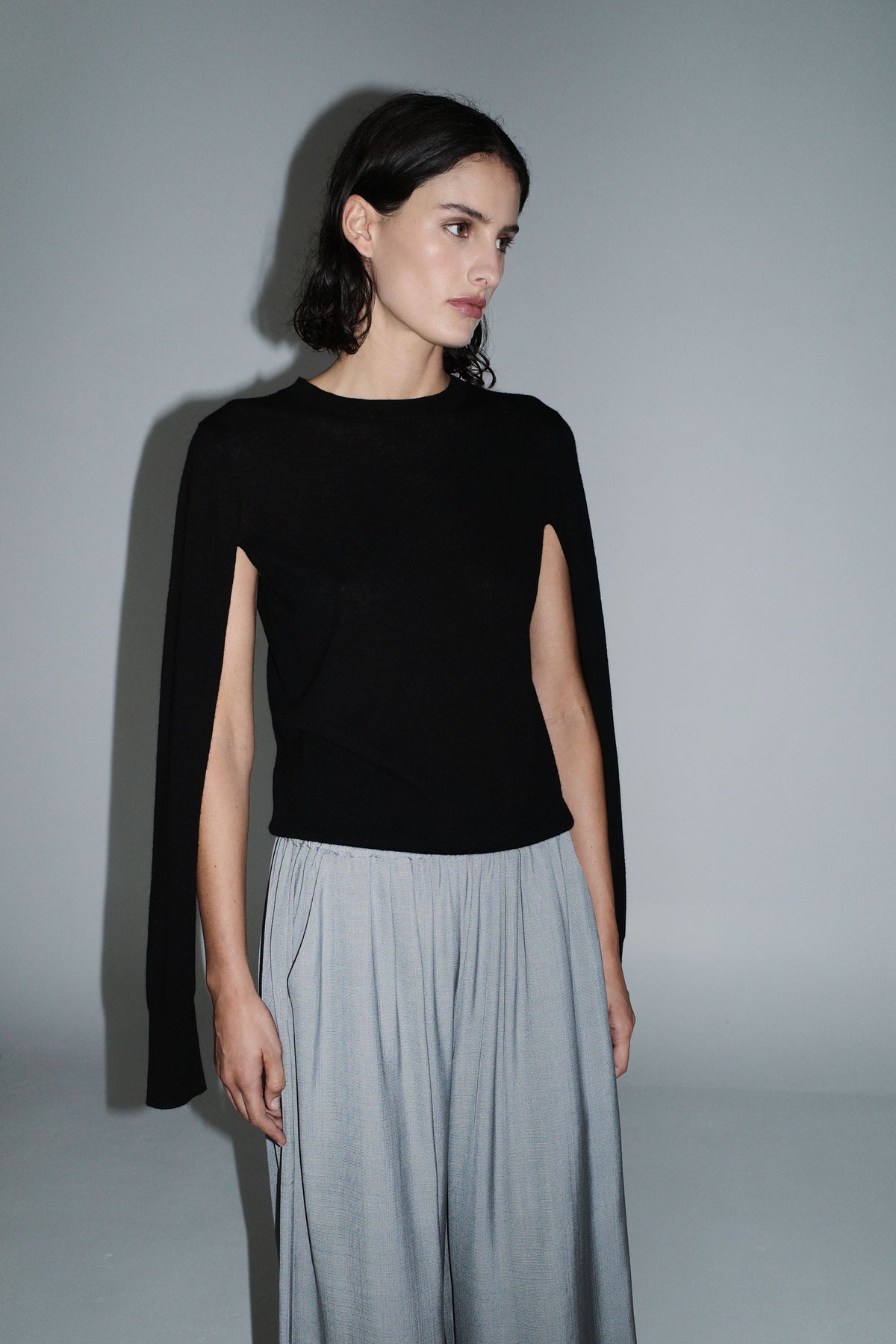 Merino Wool Slit Sleeve Sweater - Black
