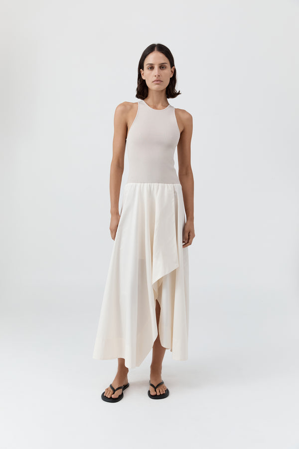 Knit Bodice Asymm Dress - Ecru