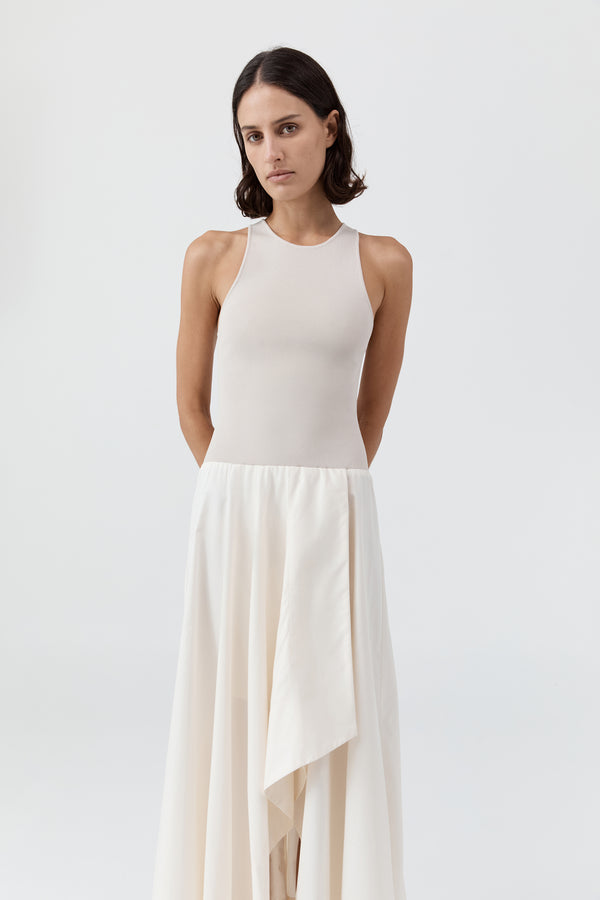 Knit Bodice Asymm Dress - Ecru