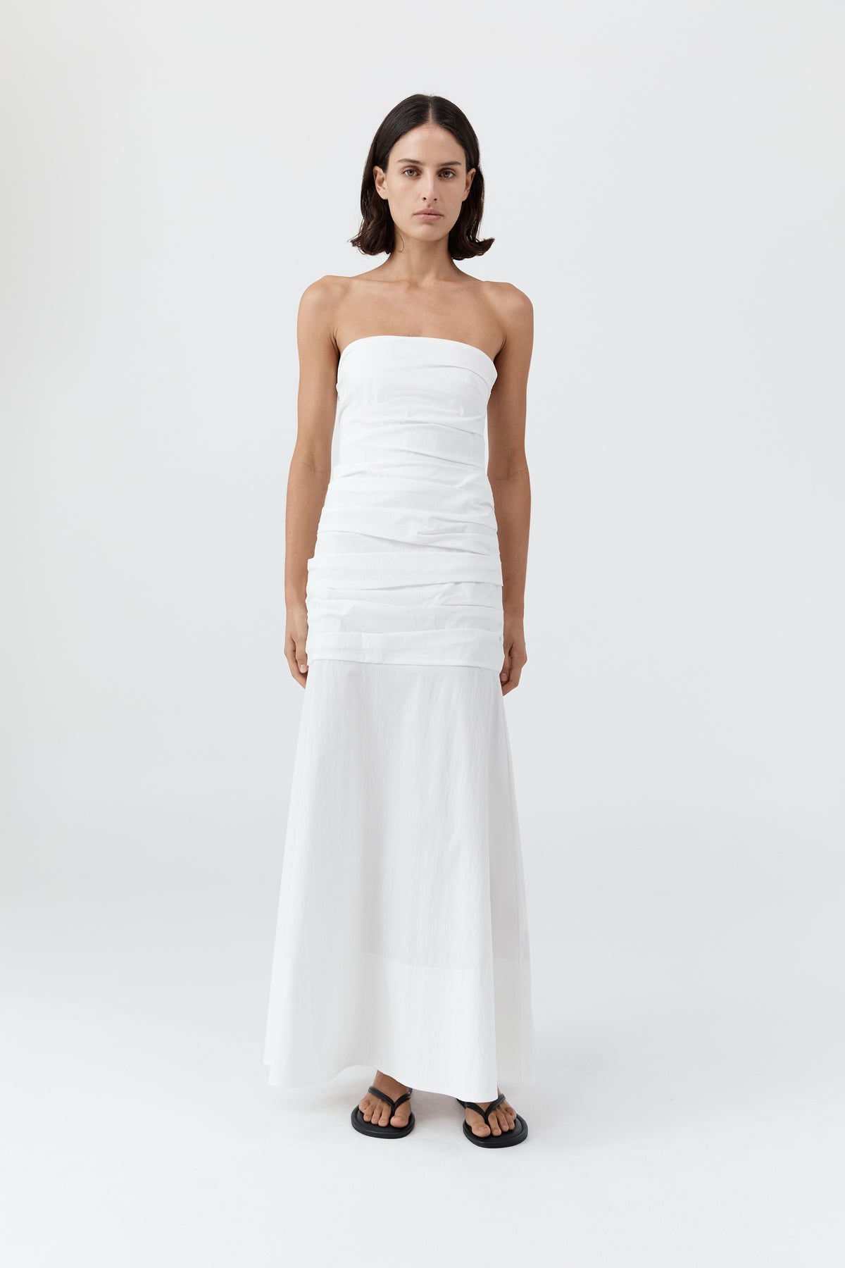 Gathered Strapless Longline Dress - White