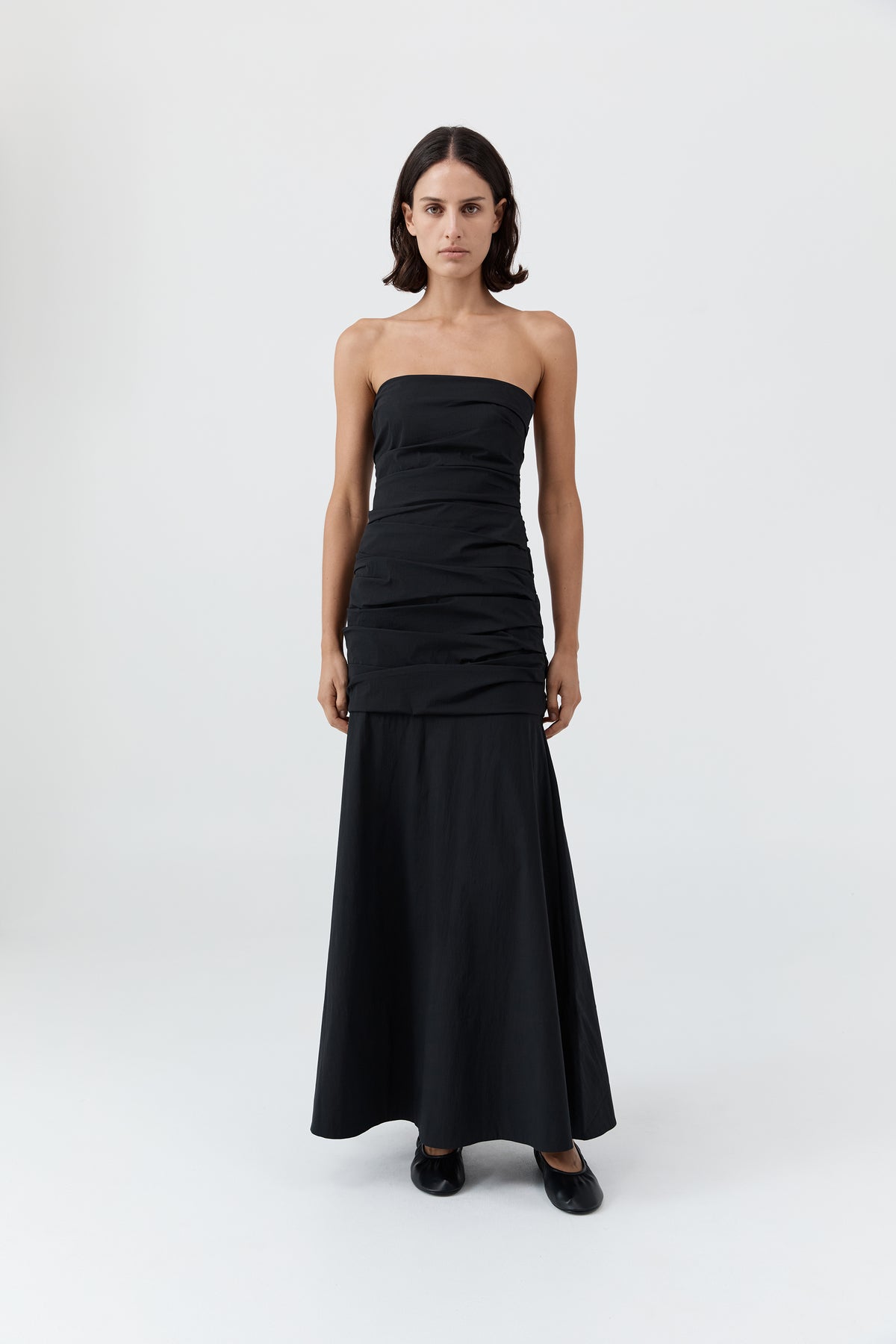Gathered Strapless Longline Dress - Black