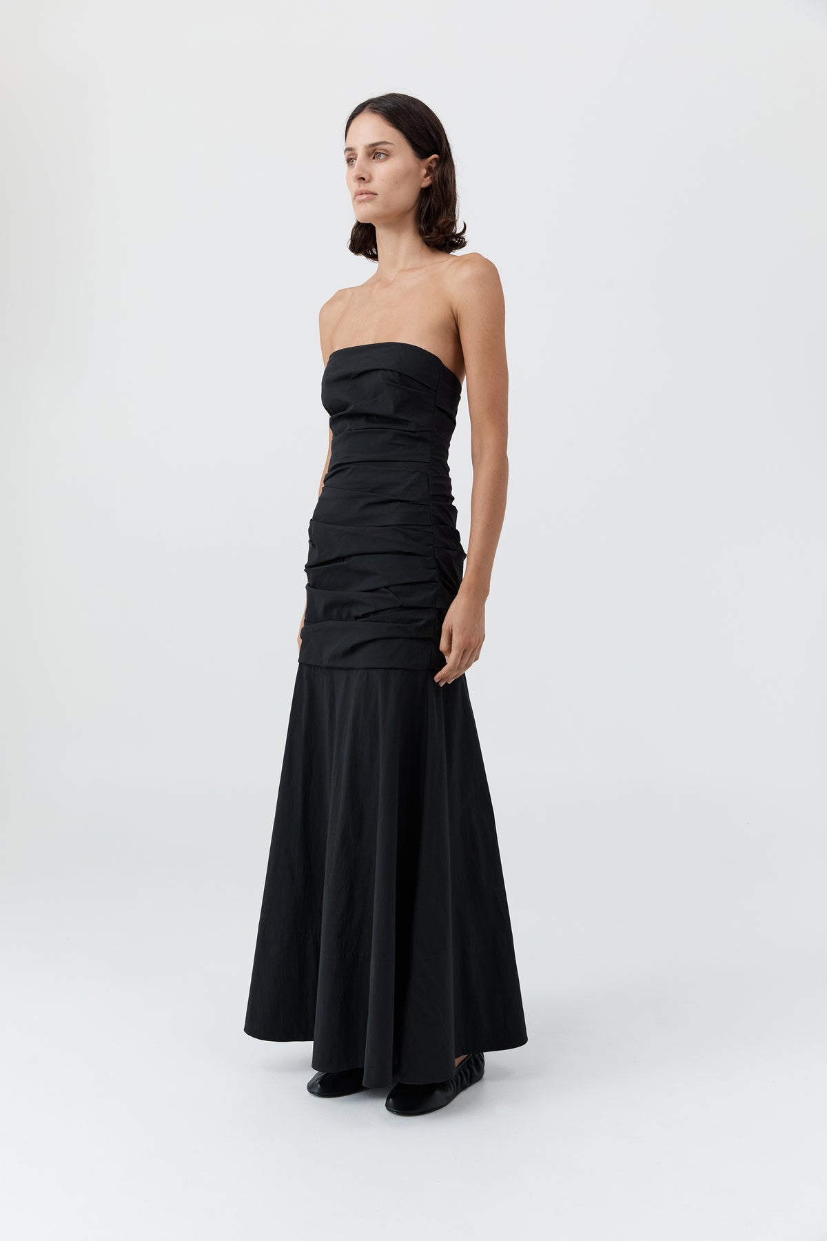 Gathered Strapless Longline Dress - Black