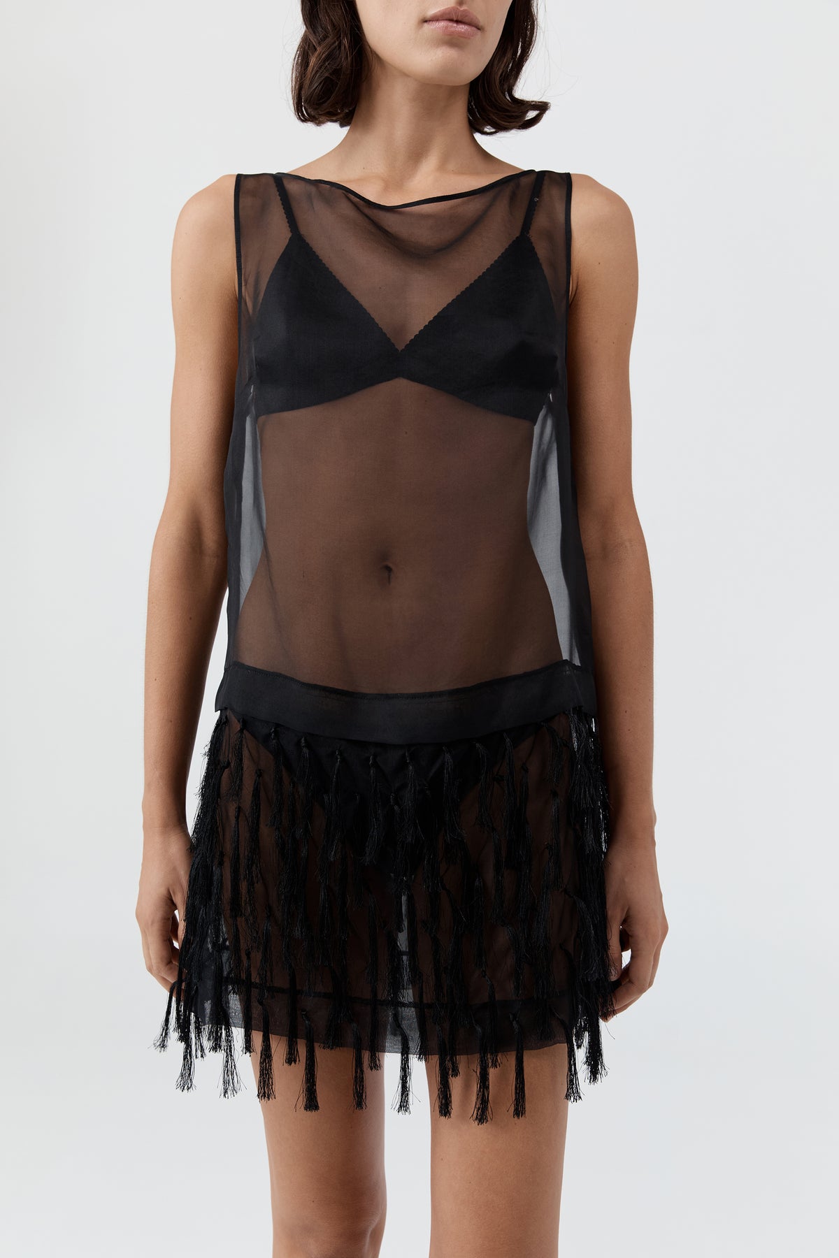 Tassel Shift Mini Dress - Black