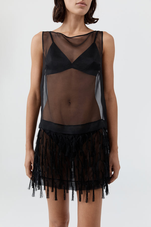 Tassel Shift Mini Dress - Black