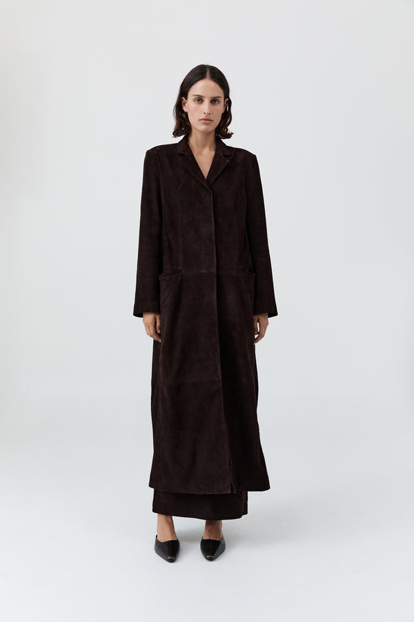Suede Tailored Coat - Coffee