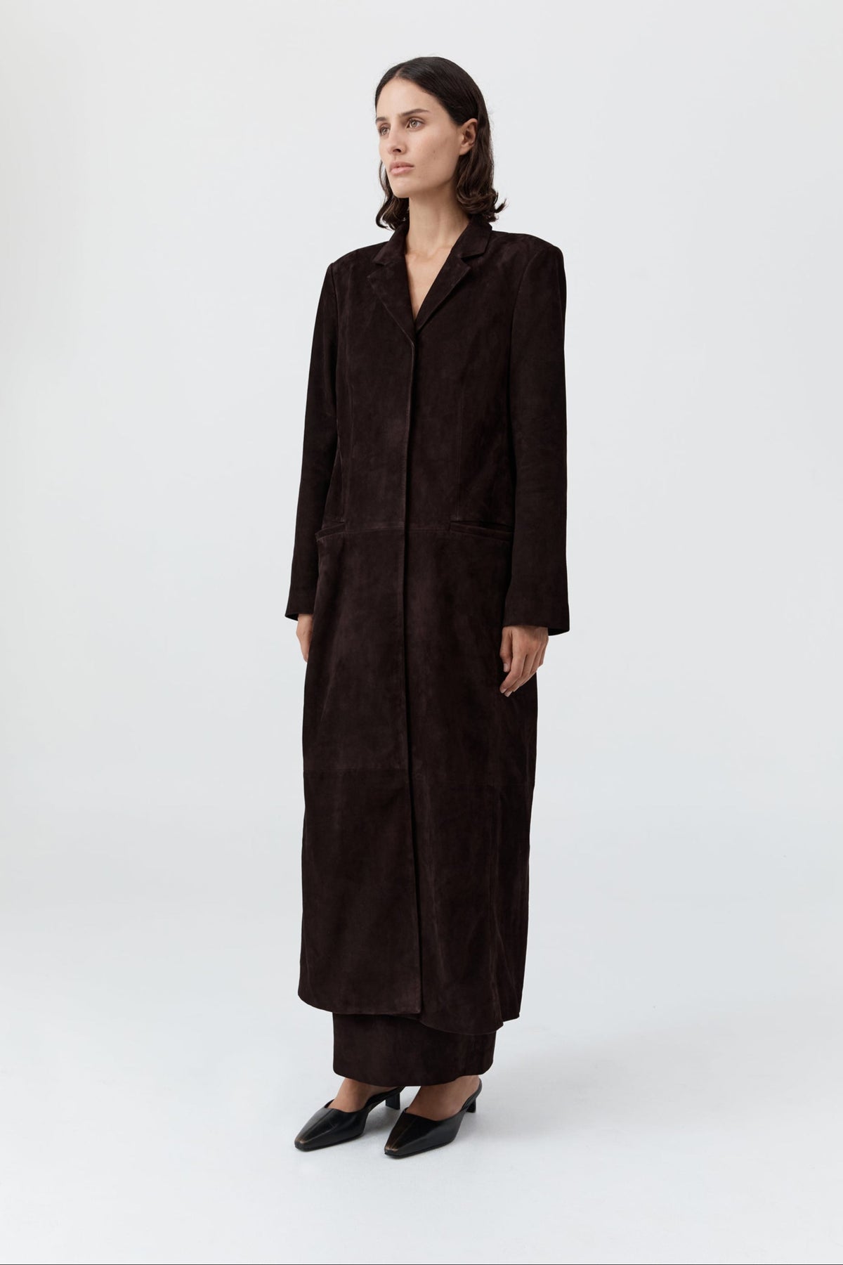 Suede Tailored Coat - Coffee