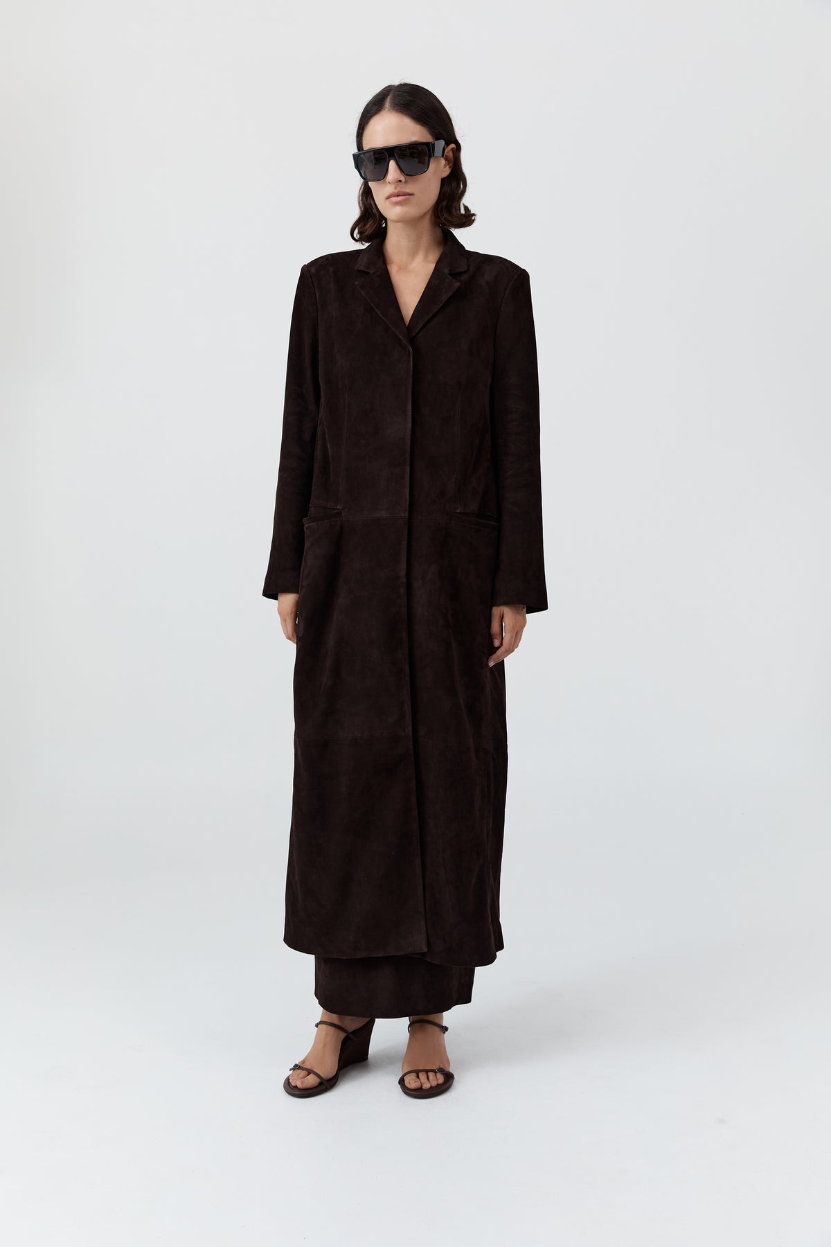 Suede Tailored Coat - Coffee