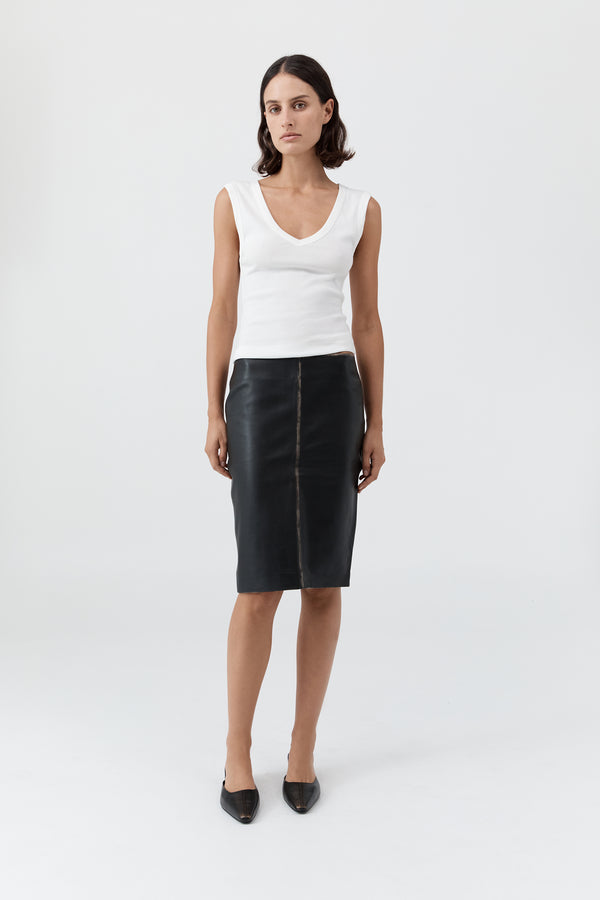 Brushed Leather Pencil Skirt - Black