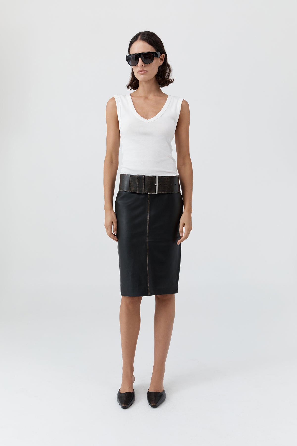 Brushed Leather Pencil Skirt - Black