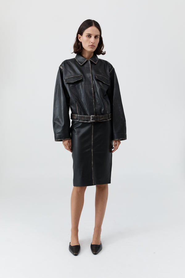 PRE-ORDER: Brushed Leather Belted Jacket - Black
